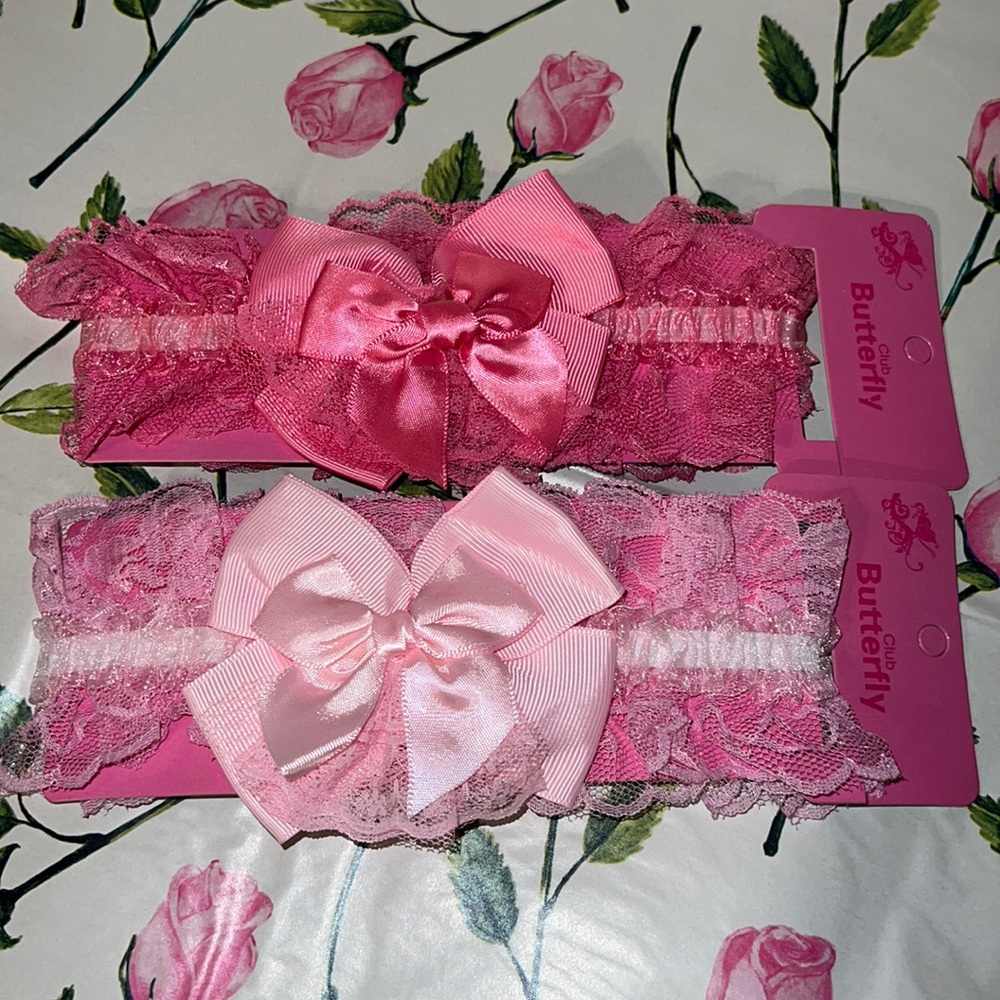 New Club Butterfly Two Shades of Pink Lace Ribbon Double Bow Elastic 3” Headband
